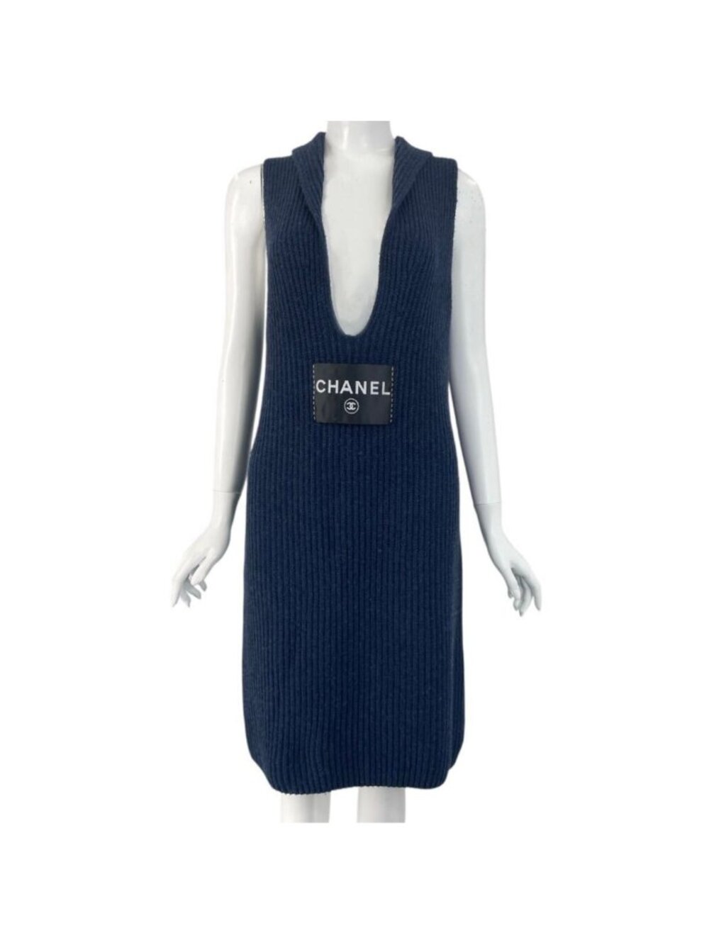 Chanel Logo Cashmere Sleeveless Dress 40 Navy